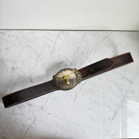 Longhorn Western Buckle Italian Vera Pelle Leather Belt XL 39-42 - Picture 3 of 10